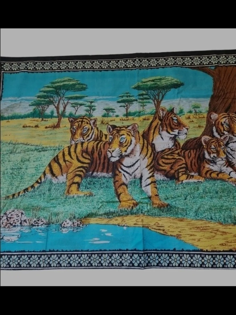 Vintage 1970s Asian Tiger Family Wall Tapestry Rug - Retro Boho Decor -53”x36”
